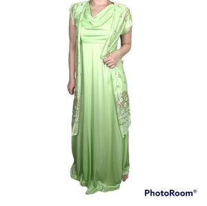 Vintage 60s green maxi dress shawl set medium